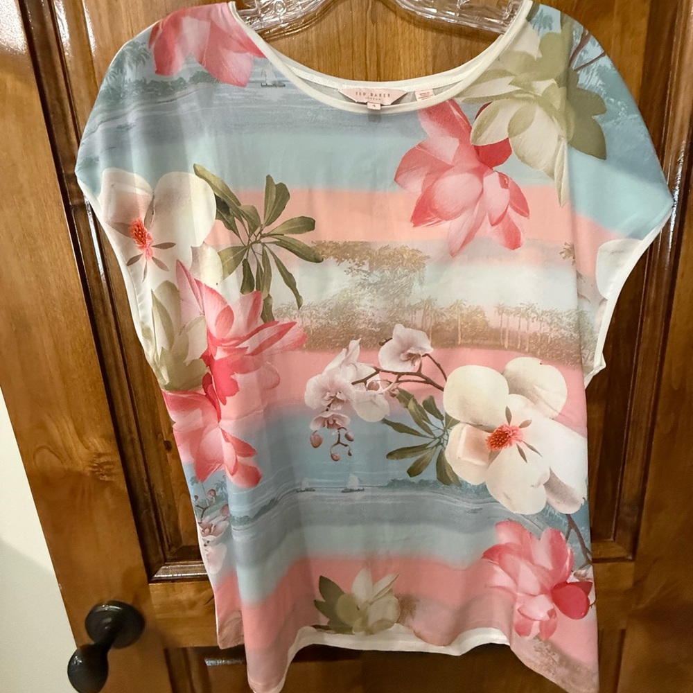 Ted Baker Pastel Pink & Light Blue Floral Short Sleeve Top